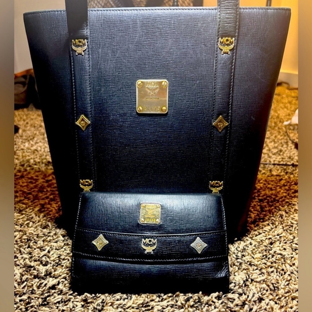 MCM Black Shoulder Bag & Matching Wallet Gold Hardware purse handbag luxury